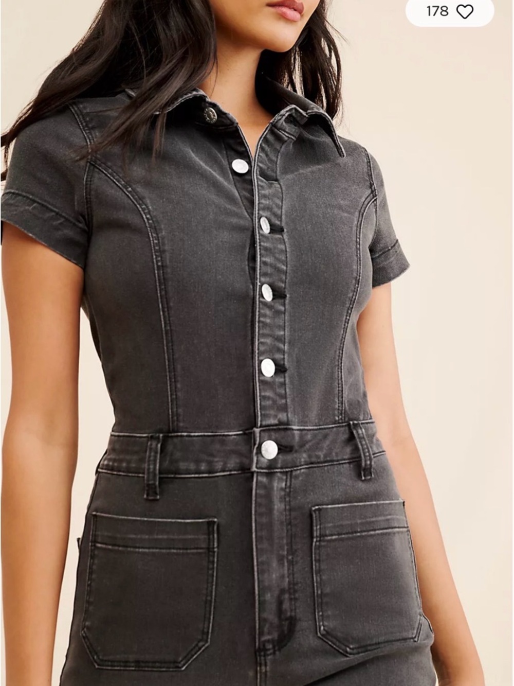 Free People Washed Black Denim Jumpsuit - Short Sleeve Ankle Length - Picture 4 of 4